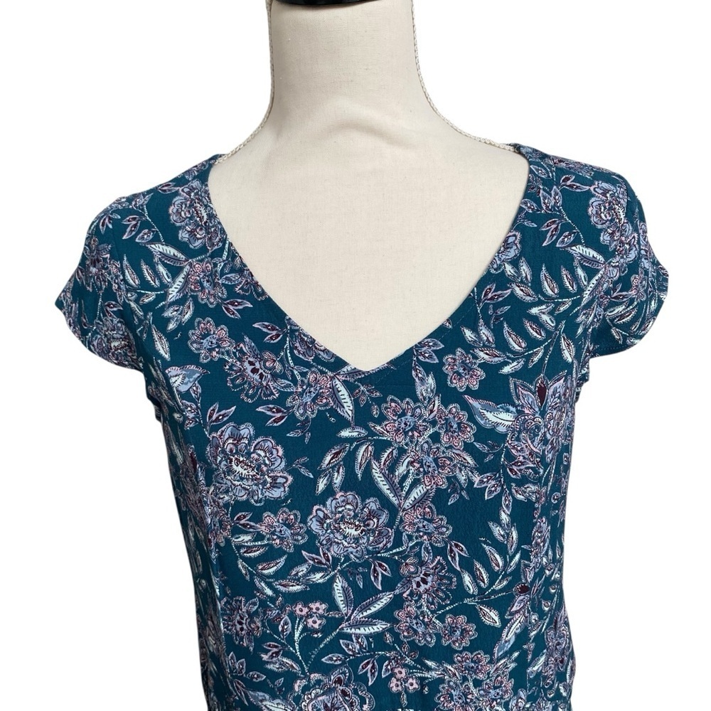 Garnet Hill Teal Floral Dress XS 0 V Neck Pleated Pockets Lined Viscose - Picture 3 of 15
